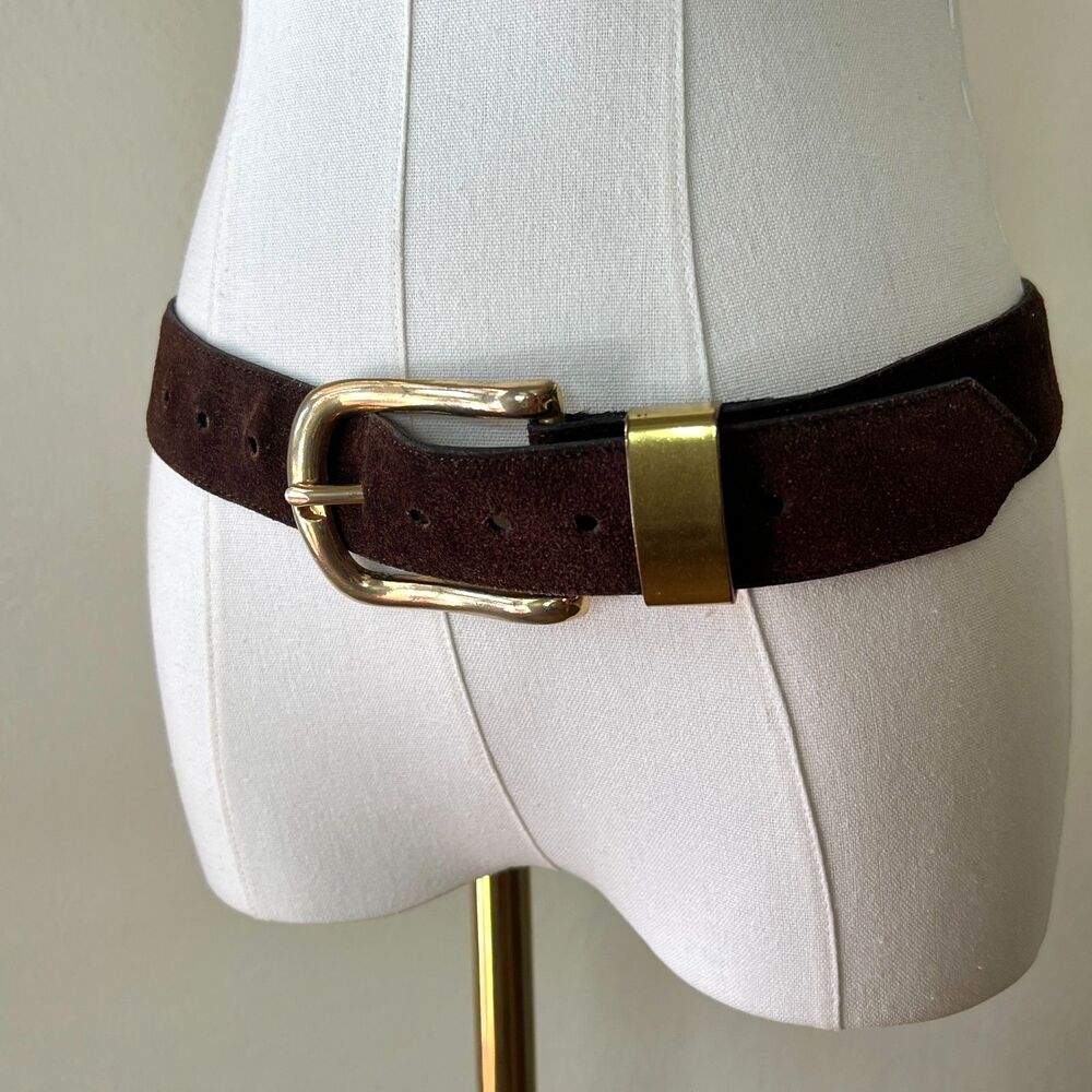 90s/Y2K Chocolate Brown Suede Belt Large Polished Gold-Tone Buckle Fits Size M/L - Picture 11 of 11